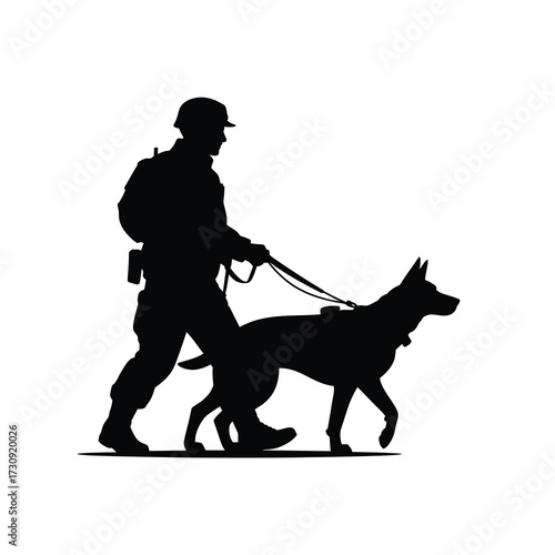 Silhouette of a soldier walking with a loyal military working dog by his side