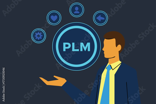 Man in suit presenting PLM acronym with surrounding business icons vector illustration