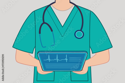 Medical professional in scrubs holding a tablet displaying a heart rhythm teal stethoscope