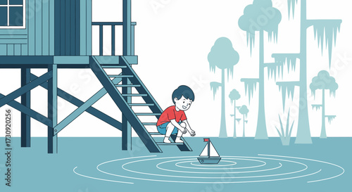Boy playing with a sailboat in the water near a stilt house and cypress trees evokes childhood