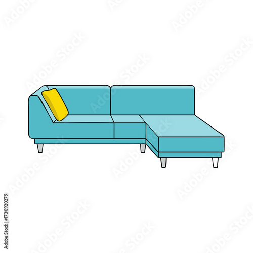 Illustration of a modern light blue sectional couch with a yellow pillow