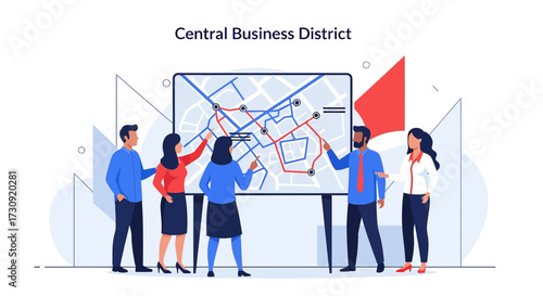 Business team planning transportation routes in central business district analysis