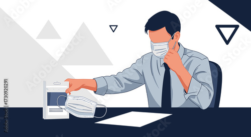 Businessman adjusting face mask illustration promoting safety and protection during pandemic