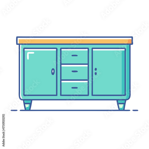 Illustration of a cute blue and golden side board with drawers