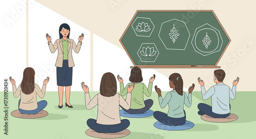 Cartoon illustration of mindfulness and meditation class with diverse group of people