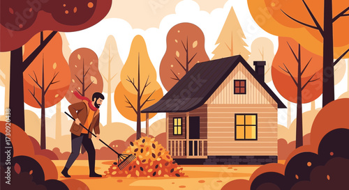 Cartoon image of a man raking leaves in the autumn in front of a house surrounded by trees