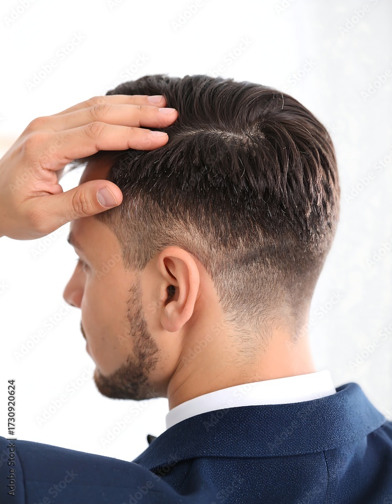 Fototapeta premium Man in suit, back view, adjusting hair