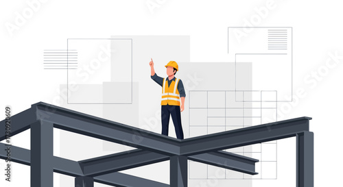 Construction Worker Inspecting Steel Frame Structure with Abstract Background Design