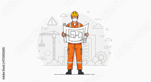 Construction Worker in Protective Gear Reviewing Blueprint at Construction Site Scene