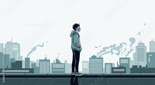 Contemplating urban life, a masked figure observes city pollution from rooftop setting showing