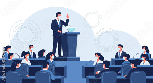 Conference or presentation during pandemic, speaker with mask talking at podium to audience