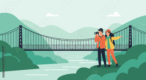 Couple enjoying a scenic view of a bridge and nature during their travel adventure