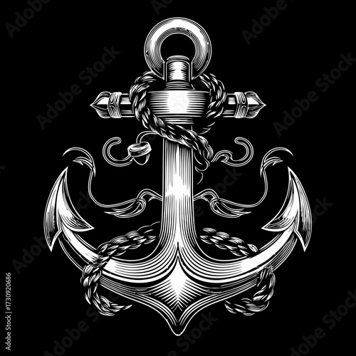 Detailed engraved nautical anchor with rope on black background. Classic maritime symbol of stability, hope, and sea adventure.