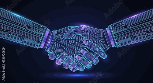 Conceptual illustration of a digital handshake, representing a technological agreement or AI collaboration