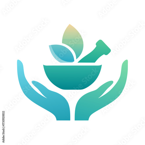 Hands holding a bowl with herbal medicine, pestle, and leaves. Natural remedy, holistic health, alternative therapy, wellness care icon.