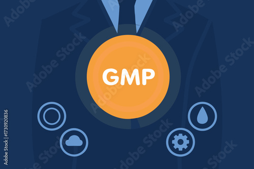 Person in Suit with GMP Symbol and Icons good manufacturing practice standard