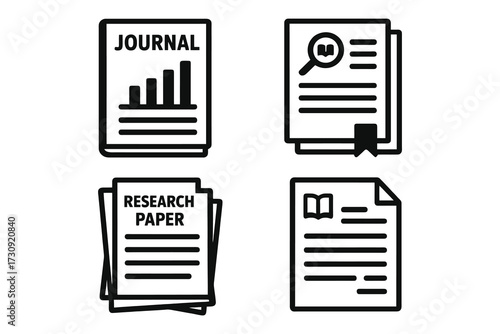 Collection of stylized icons representing academic papers research journals and documents for study or analysis