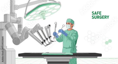 Depiction of robotic surgery with surgeon and advanced surgical technology equipment