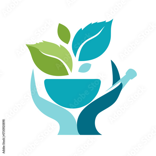 Natural Pharmacy and Herbal Medicine Logo with Caring Hands, Green Leaves, and Mortar & Pestle. Holistic Wellness & Organic Health Icon.