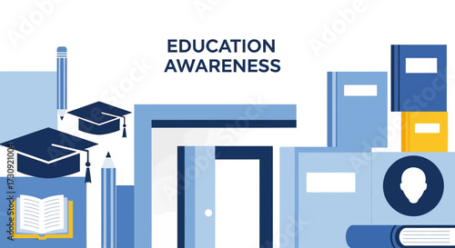 Education Awareness Illustration with Graduation Caps Books and Pencils Design Concept
