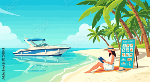 Seaside tranquility: A tropical illustration with leisure, a boat, and palms
