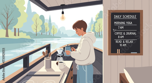 Mindful Morning Routine: A Person Enjoying Coffee by a Serene Lakeside View