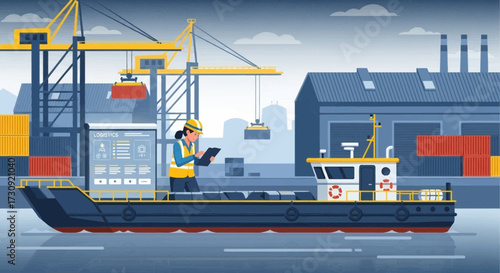 Modern port management illustration with worker on vessel and container loading operation