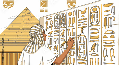 Egyptian artist painting hieroglyphs on a wall with the pyramid in the background showcasing the
