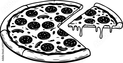 black and white silhouette of a pizza vector on a white background
