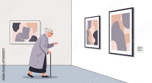 Elderly woman with a cane admiring abstract paintings in a modern art gallery setting