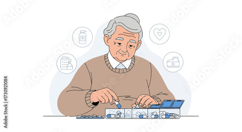Elderly person organizing medication in pill organizer symbolizing healthcare management