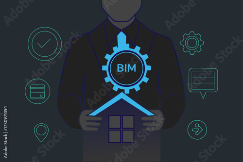 Person with BIM gear and house icon surrounded by business icons building information modeling