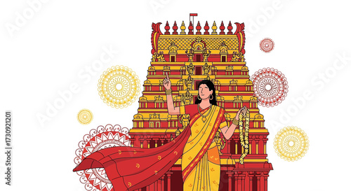 Elegant South Indian Woman Offering Prayers at a Traditional Temple Festival