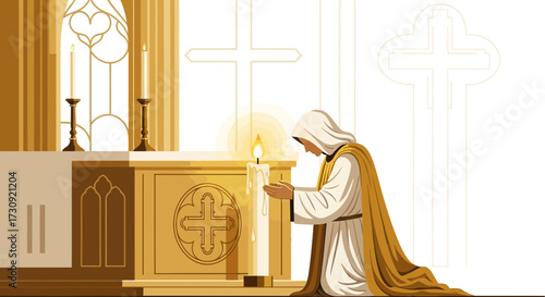 Elegant vector illustration of a praying figure in a church with candle light