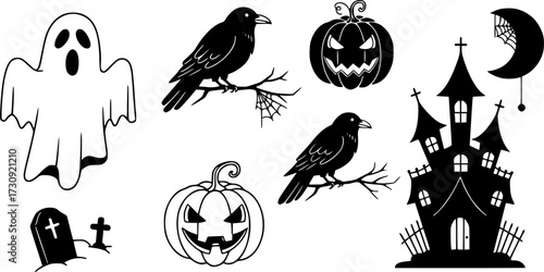 Vector collection of black silhouette halloween elements on white background
