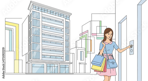 Elegant woman with shopping bags pressing elevator button in modern urban area depiction