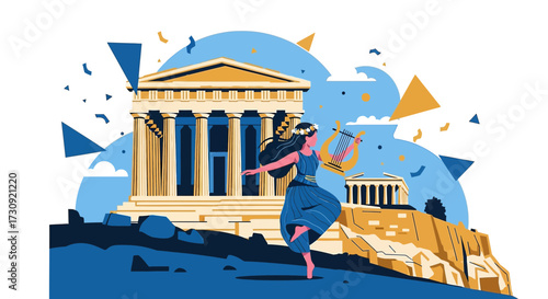Elegant woman playing lyre against the backdrop of Parthenon in Athens Greece beautiful ancient