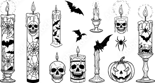 candle vector hand drawn illustration tattoo sketch style isolated on white
