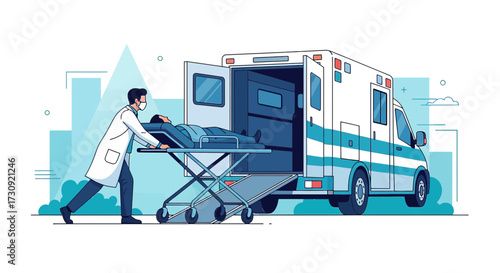 Emergency medical service illustration showing doctor assisting patient to ambulance portraying