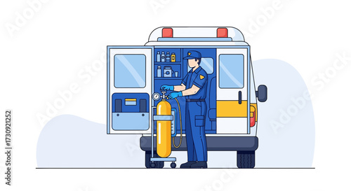 Emergency medical technician preparing oxygen tank inside ambulance illustration vector graphic