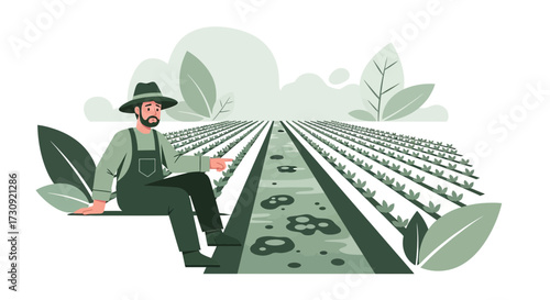 Farmer contemplating field issues in agriculture facing challenges and crop damage impact
