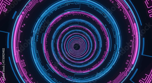 Dynamic digital tunnel of glowing blue and pink lines, illustrating a high-speed pathway through advanced technology, data streams, and virtual reality concepts