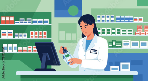 Female pharmacist checking medication at pharmacy counter showcasing healthcare practice