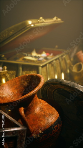 An assortment of golden objects and jewelry, evocative of an ancient trove, shrouded in mystique.