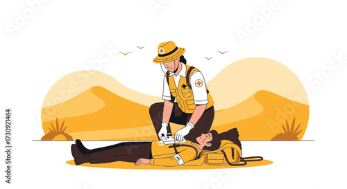 First responder provides emergency care in desert landscape, using automated external defibrillator