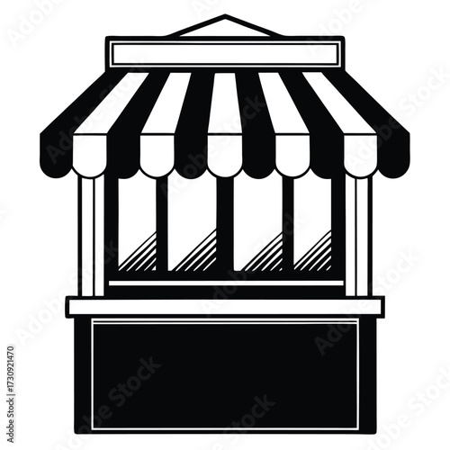 Black and White Illustration of Striped Awning Display Stand with Blank Signage Area