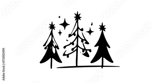 Vector, flat, desing, christmas, trees, art, holiday, decorations, stars, ornaments, design, festive, celebration, green, yellow, red, winter, seasonal, cheerful, modern, graphic, nature, spirit, symb