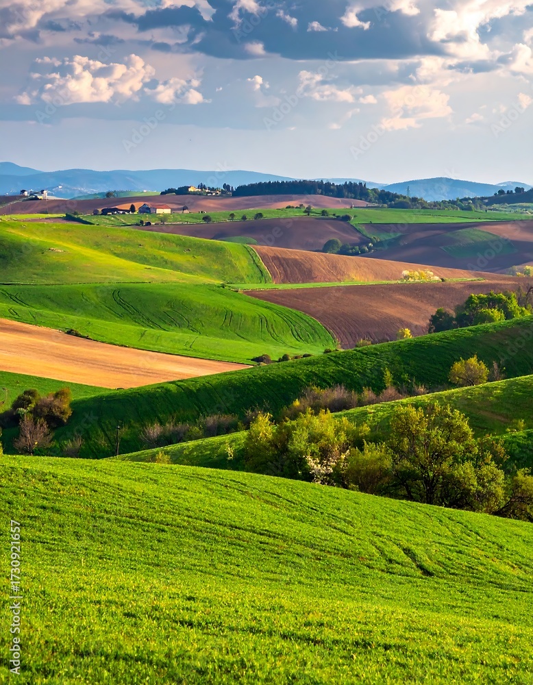 Fototapeta premium Rolling hills, vibrant colors, springtime landscape