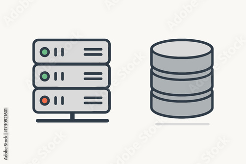 Clean vector illustration of a server rack and a stack of data storage disks