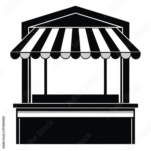 Black and White Icon Illustration of a Market Stall with Striped Awning